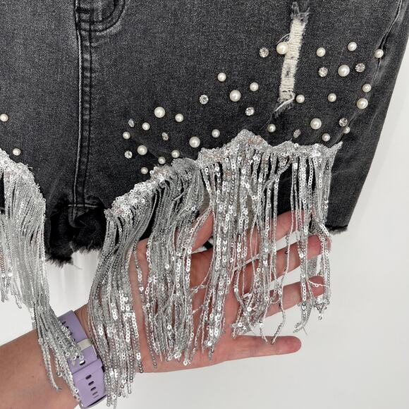 Black Stonewash Sequin Fringe Rhinestone Pearl Beads Shorts Sz XXL Stretch Denim - Picture 4 of 12